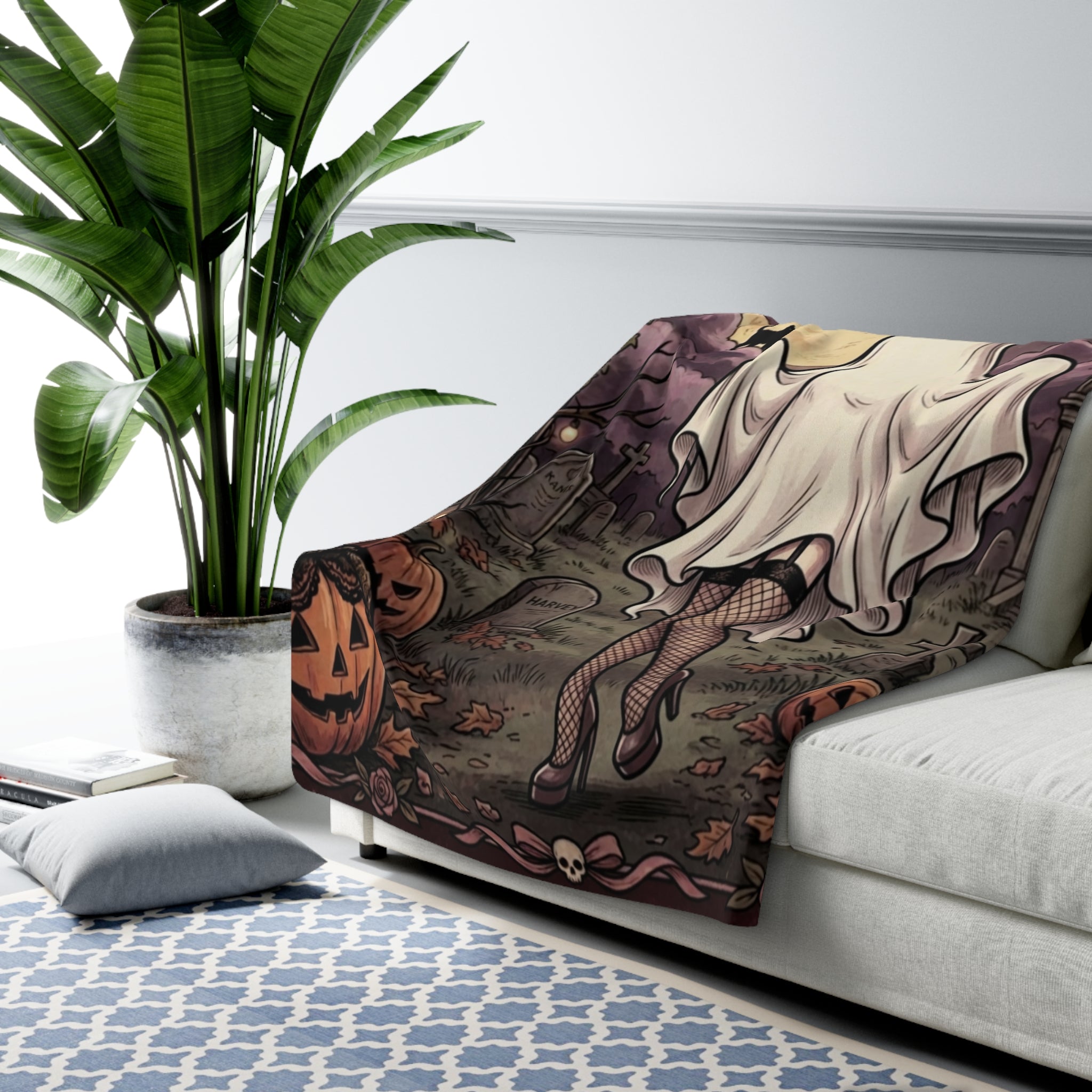 Halloween Ghost Costume Sherpa Blanket — Cute Spooky Graveyard Throw
