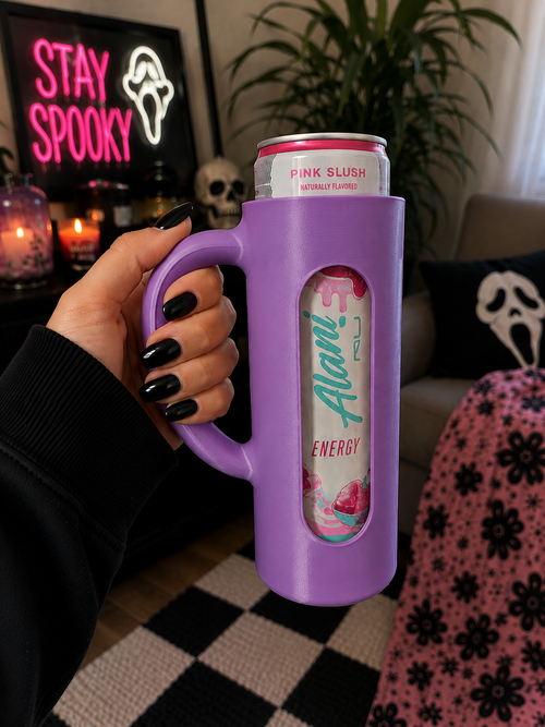 White 3D printed skinny can holder with handle holding an Alani Nu Pink Slush energy drink