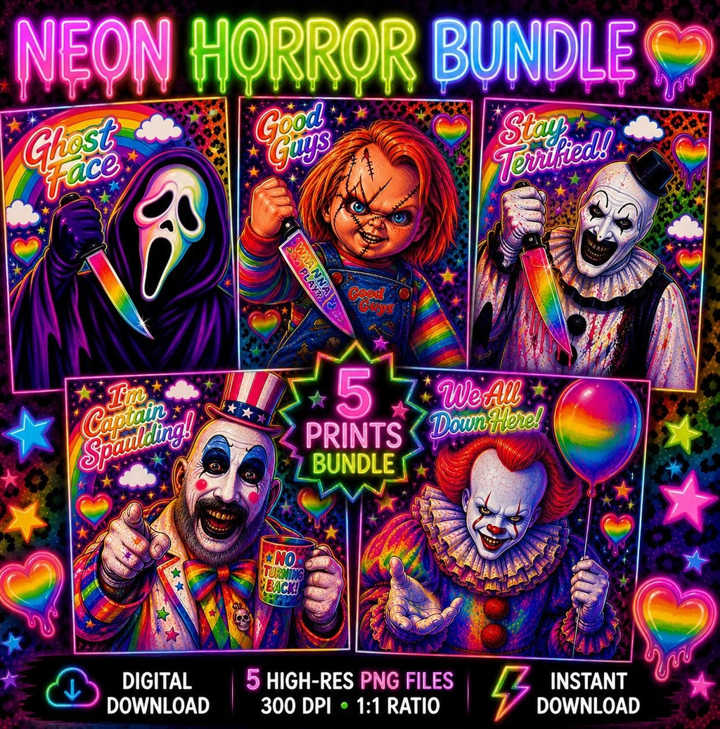 Horror Icons Wall Art Printable Set – Lisa Frank Style