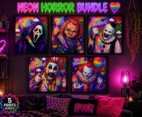 Horror Icons Wall Art Printable Set – Lisa Frank Style