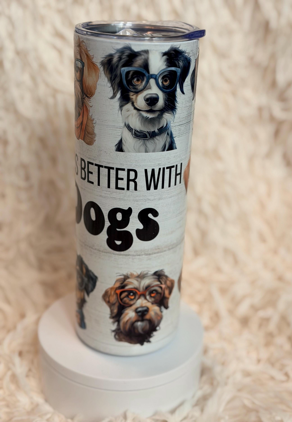 Life Is Better With Dogs tumbler back view with more dog portraits