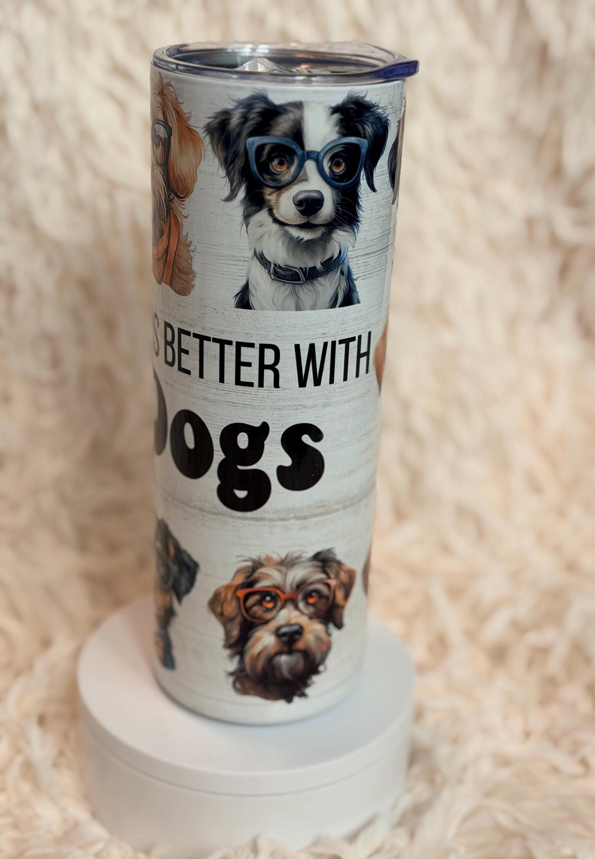 Life Is Better With Dogs tumbler back view with more dog portraits