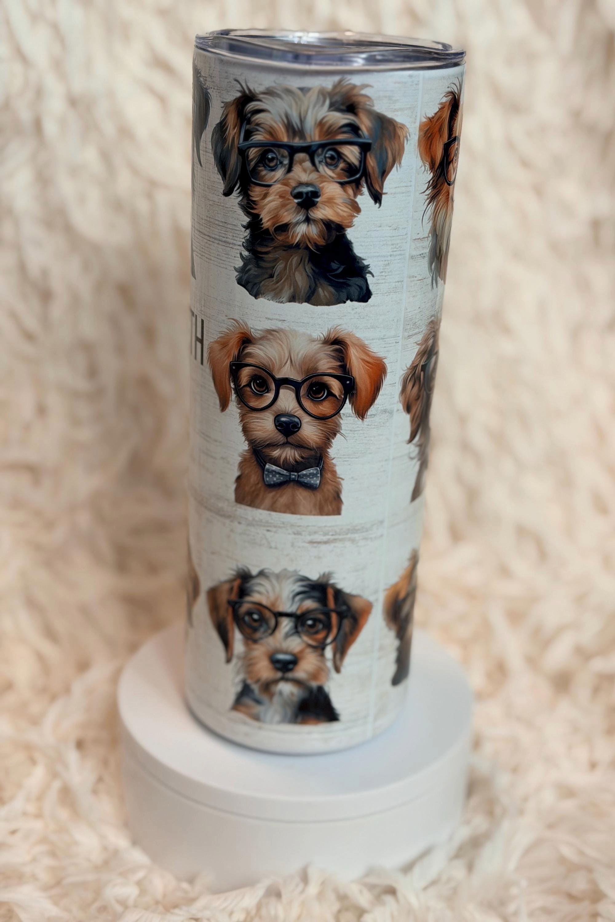 Life Is Better With Dogs tumbler side view featuring dogs with bow ties and glasses